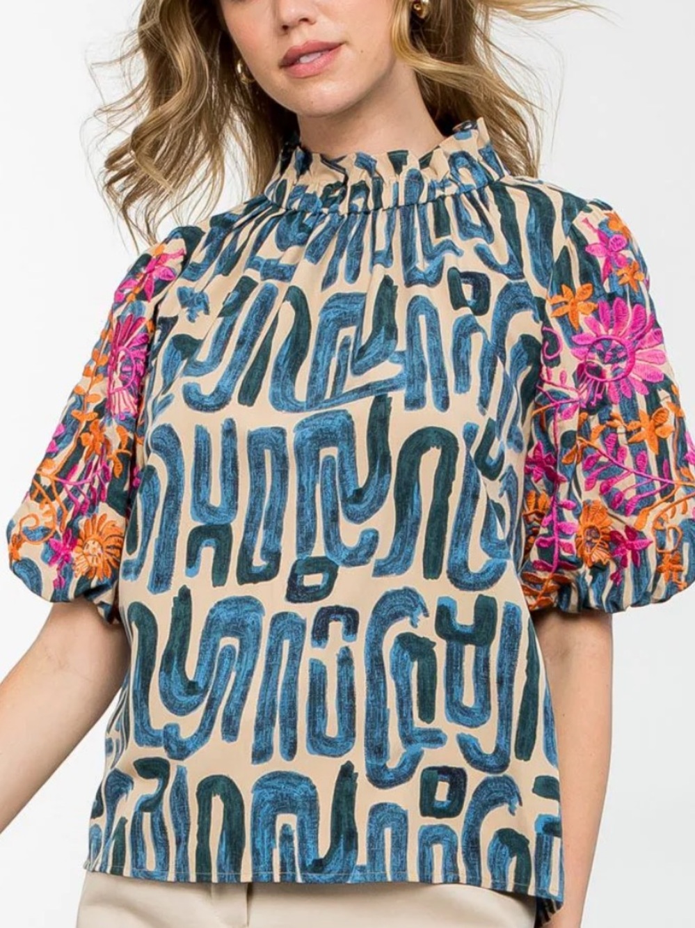 THML | Mary Embroidered Puff Sleeve Pattern Top | S